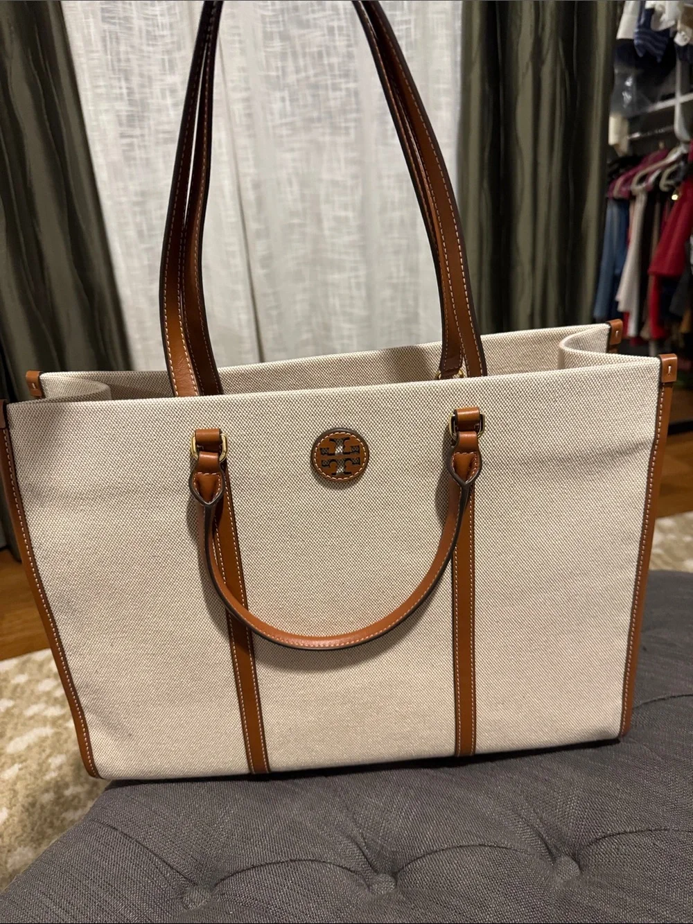 Tory Burch Cream Canvas Tote with Brown Leather Trim NWOT
